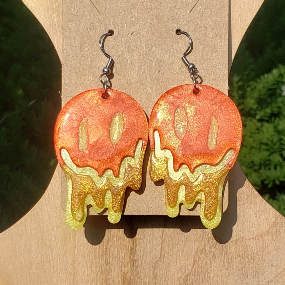 Melting Smiley Face Earrings/ Resin/ Handmade/ Stainless Steel Hooks 🧡⭐ - Picture 3 of 4